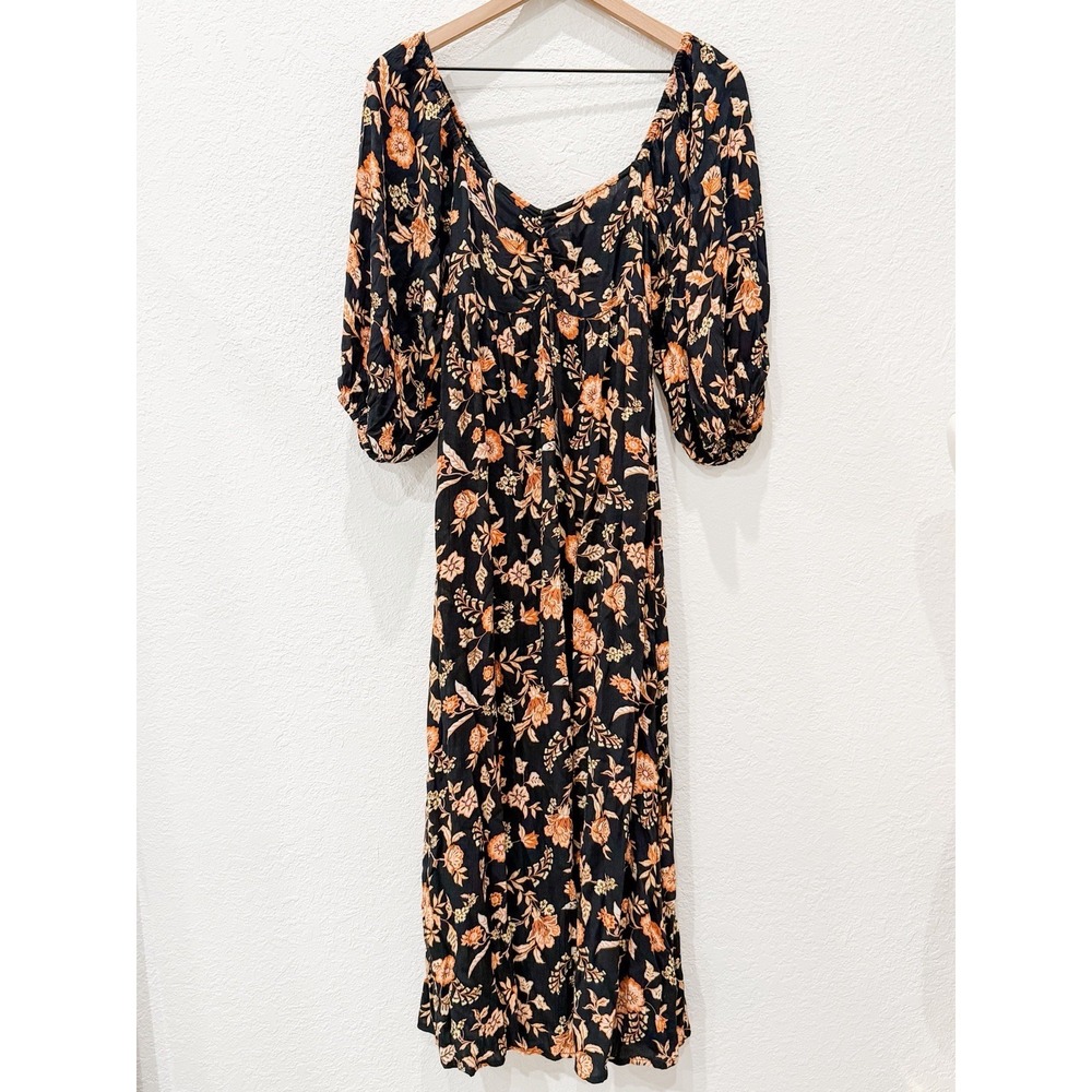 Billabong Swept Away Dress XS Black Floral Midi Puff Sleeve‎ Cottagecore